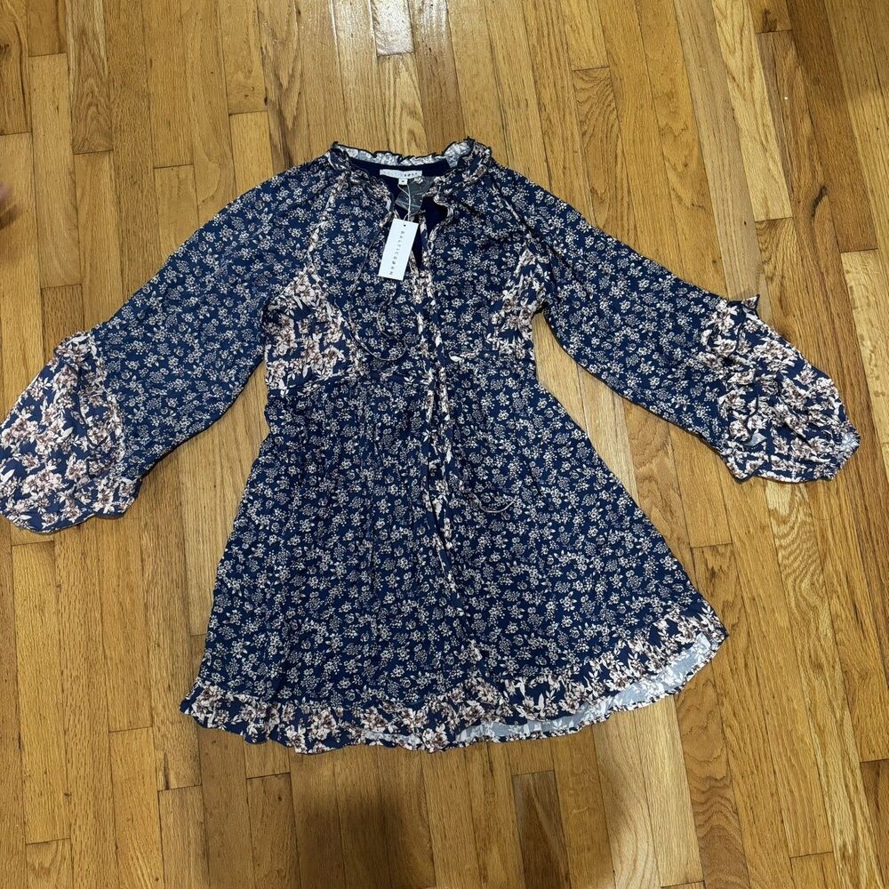Baltic Born Aster Short Dress Size Medium Navy Blue Floral multi long sleeve